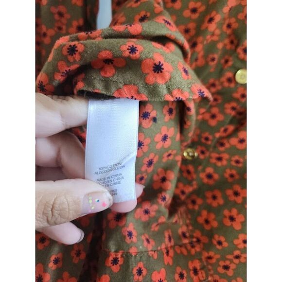 Q Mack Women Green w/Red Orange Floral Print Cotton Button Up Shirt size Medium - Picture 8 of 8